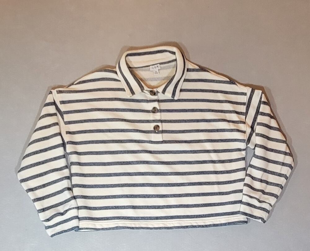 J. Crew Striped Collared Terry Sweatshirt Medium Cream Navy